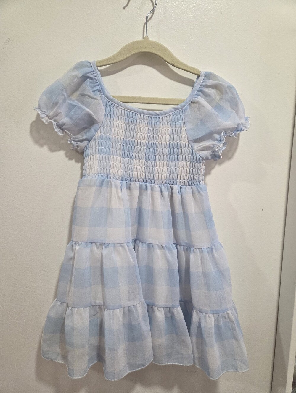 Chenault Light Blue Gingham Smocked Tiered Dress